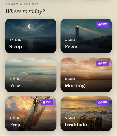 Shora home — chart a course by intent: sleep, focus, reset, morning, prep, gratitude
